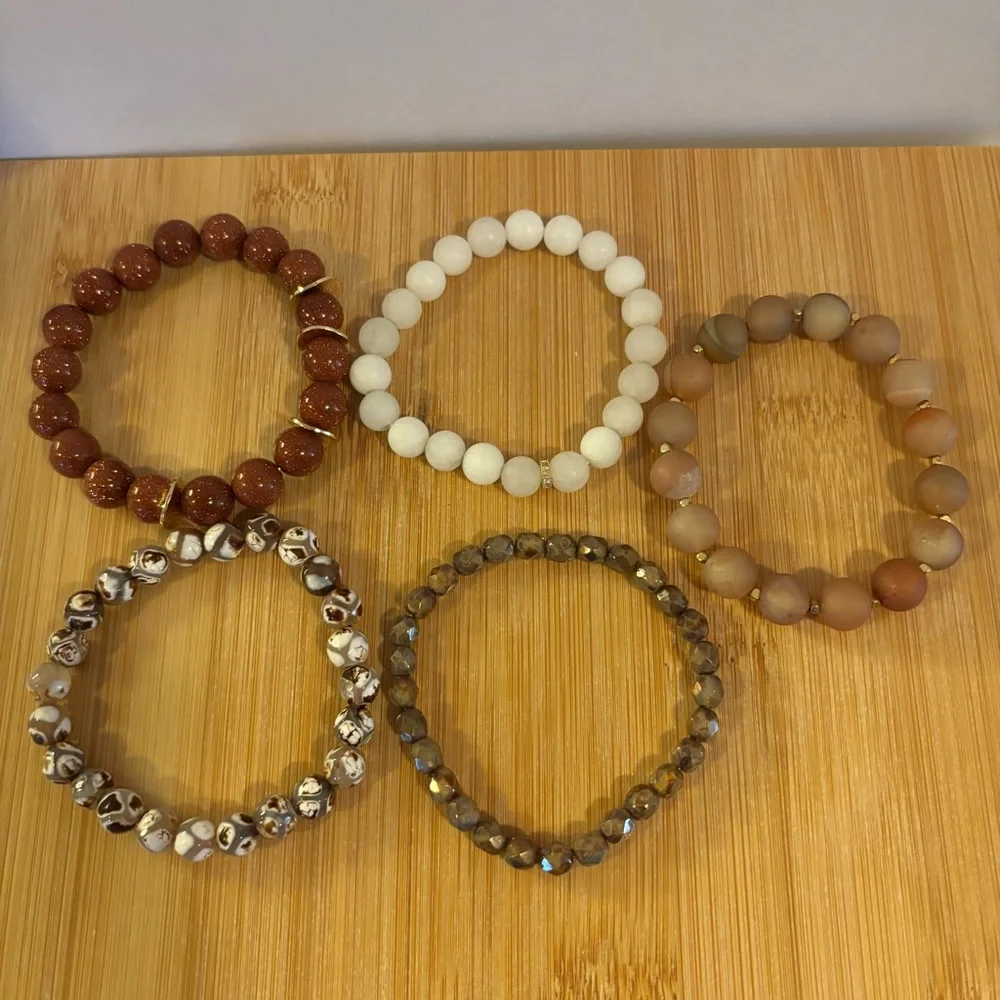 Handmade Etched Agate Goldstone Czech Glass Bracelet Stack Set of 5 NWT